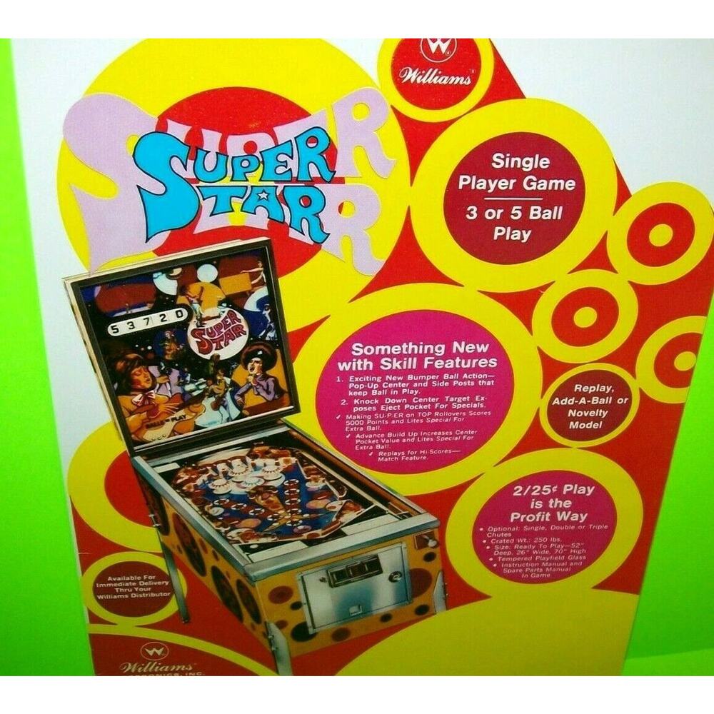 Super Star Pinball Flyer Original 1972 Game Art Print Sheet Groovy Mod Disco